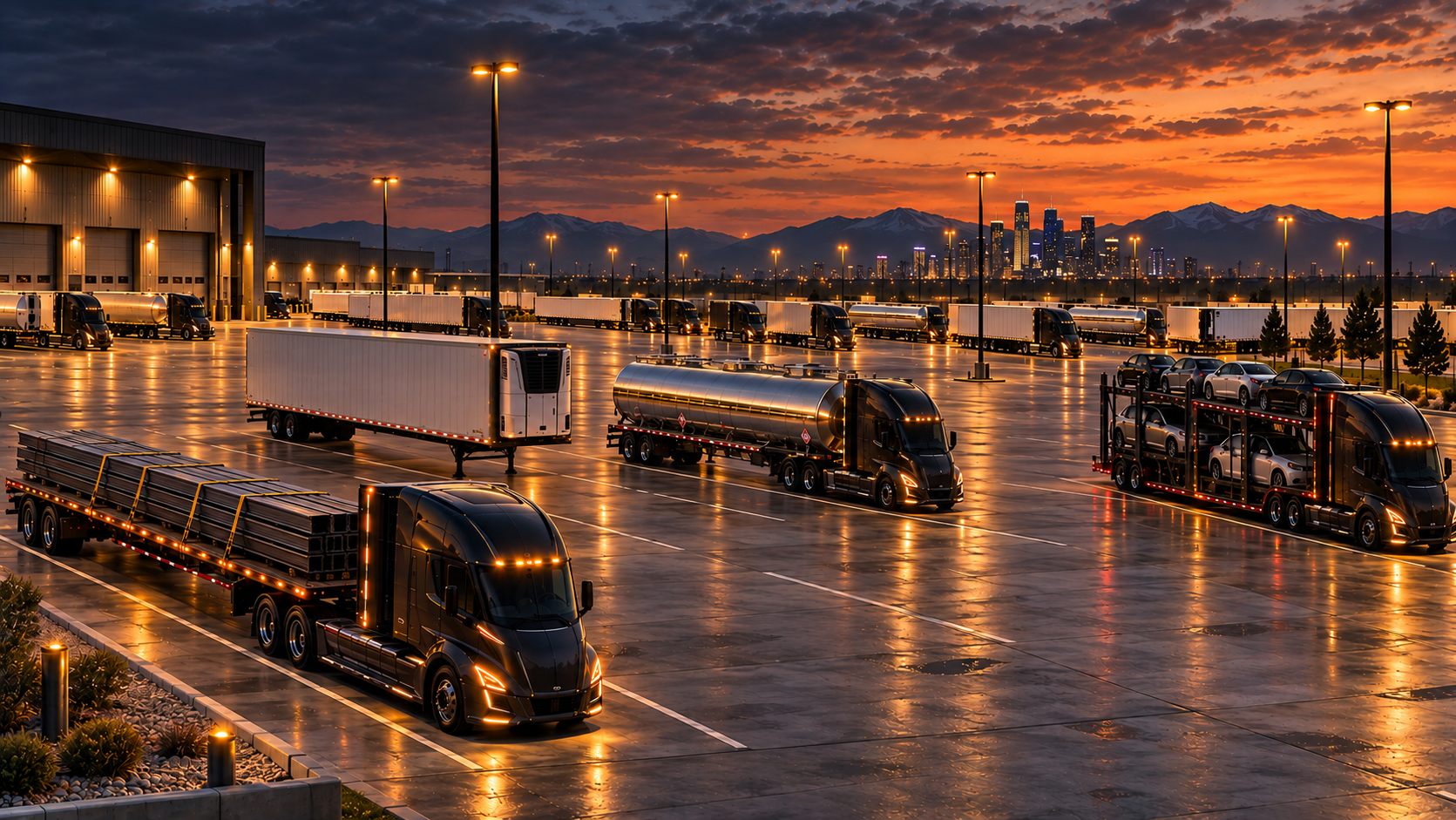 A lit trucking yard full of tractors and trailers at sunset